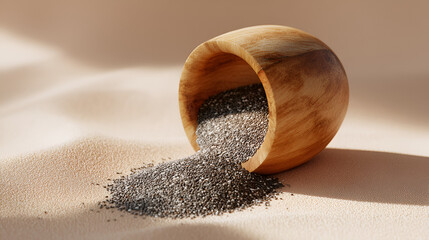 Wooden bowl spilling chia seeds onto a textured surface, creating a visually appealing organic scene.