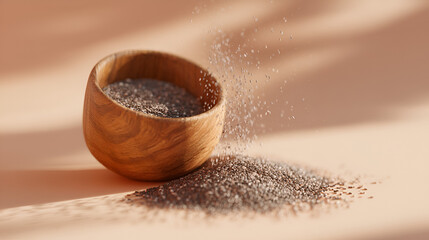 Chia seeds overflowing from wooden bowl on peach surface, with seeds in mid air. Healthy food backdrop.