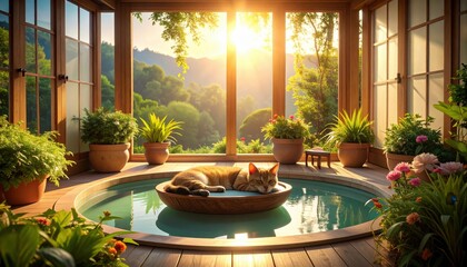 Orange Cat Relaxing In Sunlit Garden Room