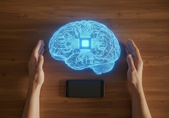AI Brain with Circuitry Hologram on Wooden Desk. Generative Ai