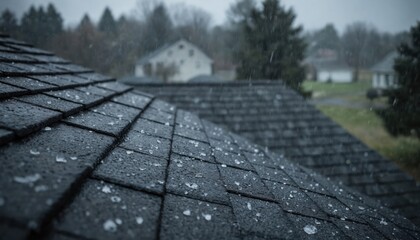 Close-up of dark asphalt shingles on rooftop during rain shower with visible hailstones. Wet surface reflects light, emphasizing texture of roof. Background shows blurred houses, trees under cloudy