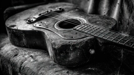 A weathered, acoustic guitar rests on a worn, vintage surface in monochrome tones