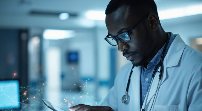 Doctor analyzes medical data on digital tablet. Healthcare pro uses computer, technology for diagnosis, treatment. Scientist works with patient information in clinical environment, improving