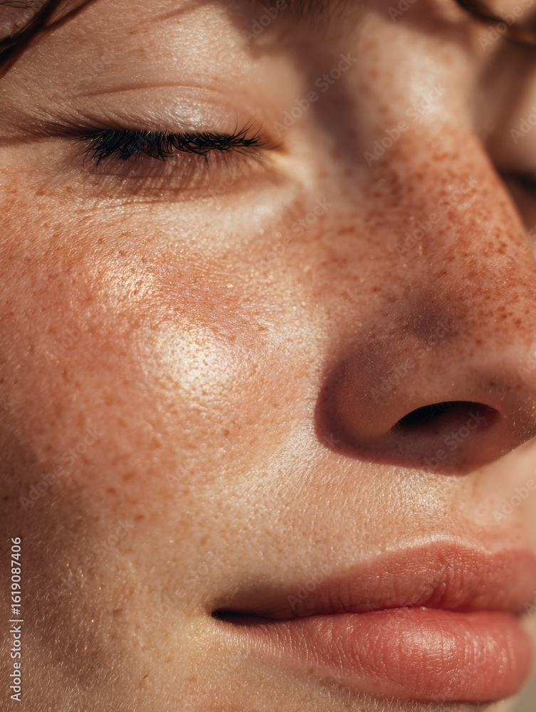 Poster close-up of peaceful cheek and nose with shimmer particles reflecting daylight and creating a calm a