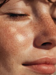 Close-up of Peaceful Cheek and Nose With Shimmer Particles Reflecting Daylight and Creating a Calm Aesthetic in a Serene Environment