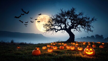 Spooky Halloween Night with Jack-o'-Lanterns and Bats