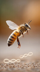 Bee in flight near honeycomb with illuminated light trails for nature design