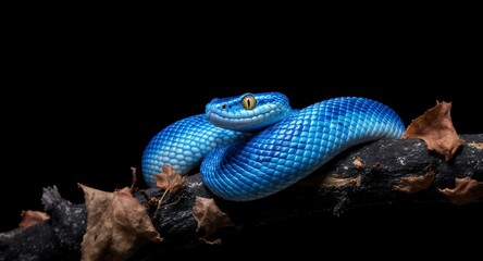 Fototapeta premium Vibrant Blue Viper on Branch Striking Nature Photography