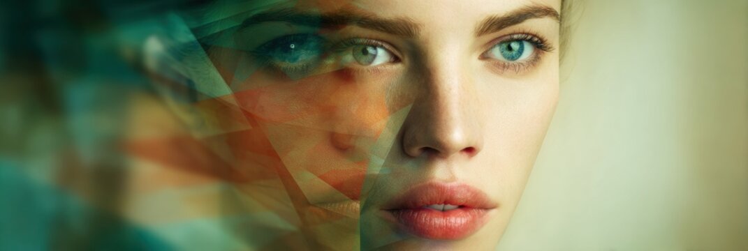 Artistic Female Portrait Featuring Morphing Facial Zones With an AI Beauty Theme and an Open Upper Margin in a Surreal Composition