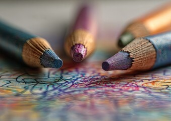 Close-up of colorful colored pencils on children's drawing