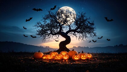 Eerie Halloween Night with Jack-O'-Lanterns and Bats