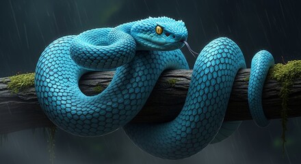 Fototapeta premium Stunning Blue Snake with Piercing Yellow Eyes Coiled on Branch in Rainy Jungle