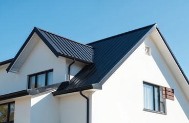 Modern minimalist house features clean lines, crisp white exterior with sleek black metal roof. Architectural design emphasizes simplicity, geometric shapes under clear blue sky. Contemporary