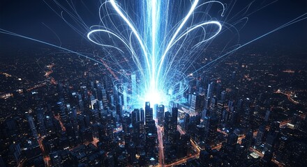 Abstract Data Flow Over Futuristic Cityscape at Night