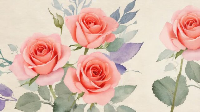 Elegant watercolor roses with soft camera pan from left to right