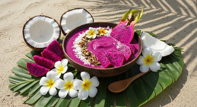 smoothie with coconut in a beach setting