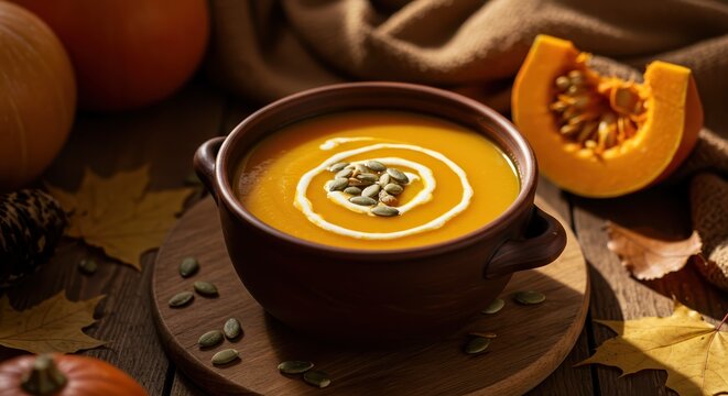 pumpkin soup in a ceramic bowl