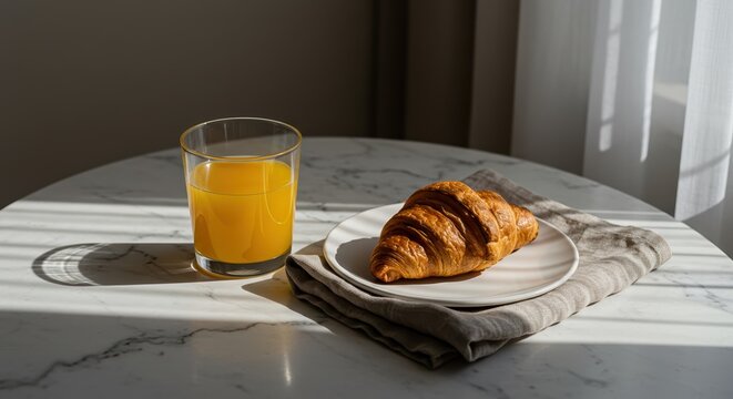 delicious croissant with orange juice in a lit environment