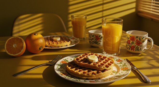 waffle with orange juice in a cozy environment, breakfast
