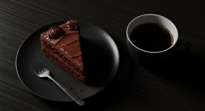 delicious slice of chocolate cake with coffee on a black background