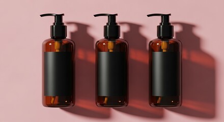 Fototapeta premium Amber pump bottles with blank labels on pink background for cosmetic product mockup
