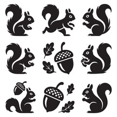 Obraz premium Collection of black and white squirrel and acorn illustrations isolated on white background, perfect for autumn, nature, and wildlifethemed designs and illustrations