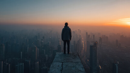 Fototapeta premium A person standing on the edge of a rooftop overlooking a hazy city at sunrise