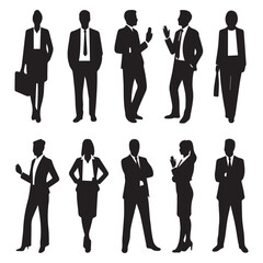 Silhouettes of diverse business people isolated on white background, representing teamwork, professionalism, and corporate success in a modern office environment