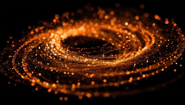 Abstract swirling golden particles on a black background