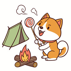 Cute SVG of a Silly Shiba inu in Campfire Glow colors, featuring holding a lollipop in a Camping trip setting