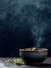Aromatic Steam Rises From Herbal Facial Bowl Against a Dark Background Showcasing Natural Wellness and Relaxation Techniques