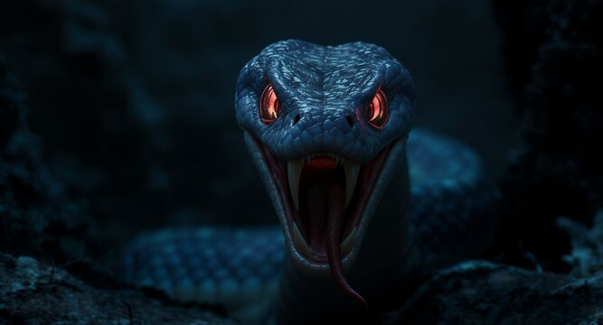 Intense Close-up of a Predatory Snake with Glowing Red Eyes and Open Mouth