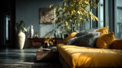 Elegant Living Room with Mustard Couch and Contemporary Interior Design