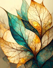 Detailed Translucent Leaves with Golden Veins in Aqua and Beige Tones Nature Art
