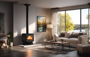 Modern living room with wood-burning stove, showcasing a tranquil view
