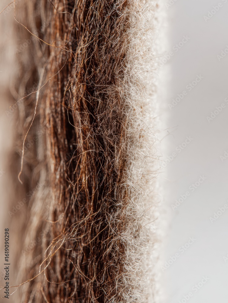 Poster close-up view of hair split ends with detailed macro texture fading into white background