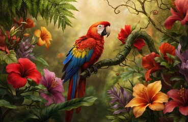 Vibrant macaw parrot perches on branch surrounded by tropical flowers, foliage. Iridescent plumage shines bright in colourful floral hues, delicate ferns, creating vivid rainforest scene. Exotic