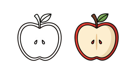 Apple Slice Outline and Colored Drawing Featuring Leaves and Seeds on White