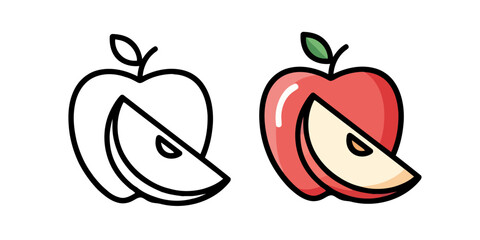 Apple Fruit Vector Outlines and Colored Icon with a Slice