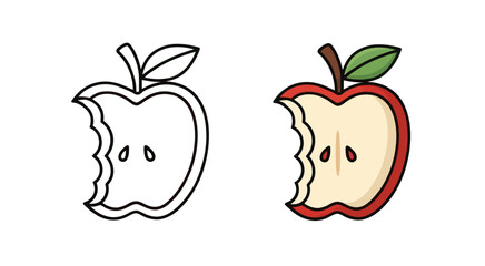 Illustration of Bitten Apple in Color and Outline Forms with Leaves on White