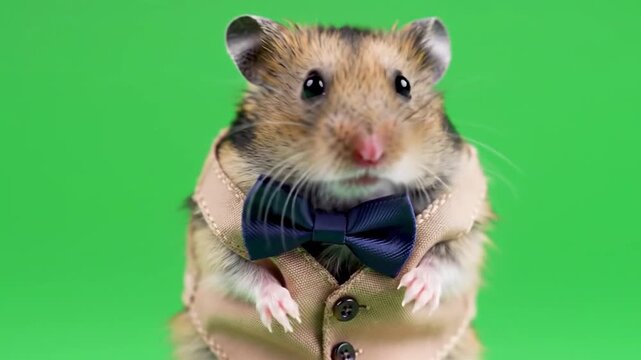 Close up of a charming hamster wearing a bow tie and vest on green background