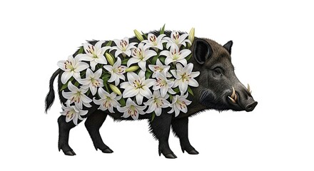 Fototapeta premium A black boar covered in white lilies standing on a white background in a digital illustration