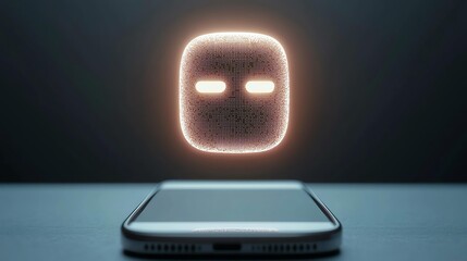 Futuristic Digital Face Displayed Above Smartphone on Dark Surface