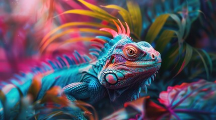 Obraz premium Colorful iguana in tropical botanical setting