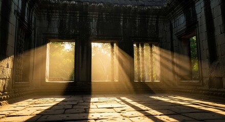 Sunlight streaming through ancient stone window openings illuminating a dusty interior with dr