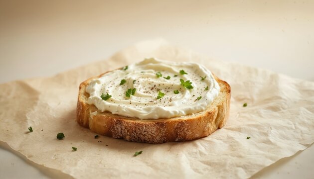 Tempting ricotta toast centered on soft beige background. Clean food photography style, mild daylight radiance, spacious layout. Fresh bread topped with creamy ricotta cheese, black pepper, parsley