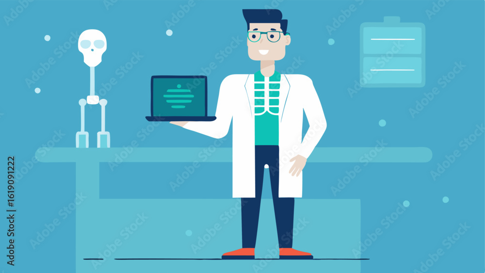 Poster doctor using tablet a physician standing in front of a hightech 3d scanner holding a tablet that dis