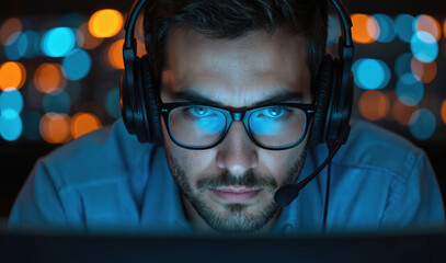 Focused IT professional wearing headset and glasses works on computer. Screen reflects blue light on his face. Blurred bokeh lights in background suggest late night operation or office environment.