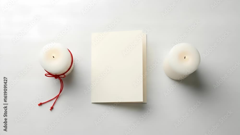 Poster top view composition with candles and blank card on a white surface. soft lighting and minimalistic 
