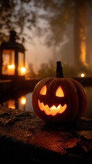 Carved pumpkin glows on misty night Generative AI